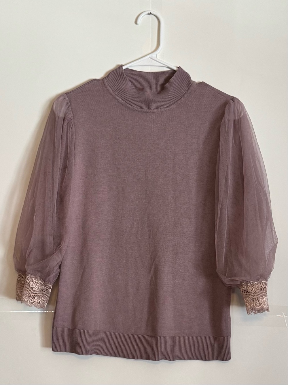 A Love Story Women's Pink Puff Mesh Lace Sleeve Mock Neck Pull Over Sweater Sz M